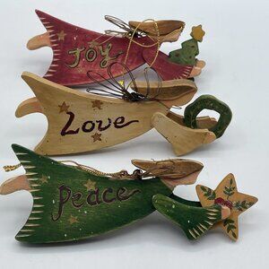 3 Wooden Angels PEACE LOVE JOY Ornaments Hand Painted Primitive Christmas Decor
